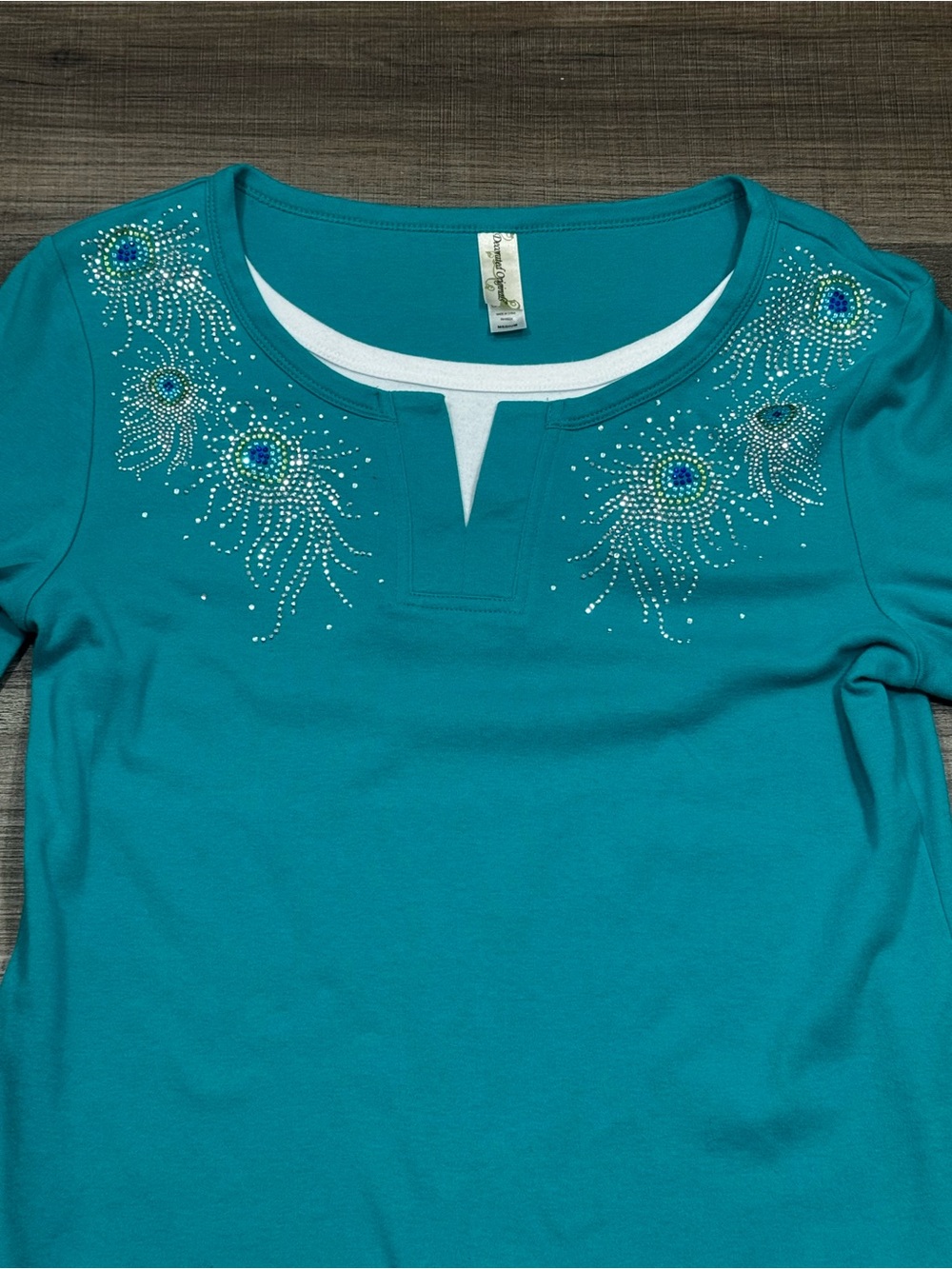 Embellished Teal Women's Top with Crystal Peacock Motif